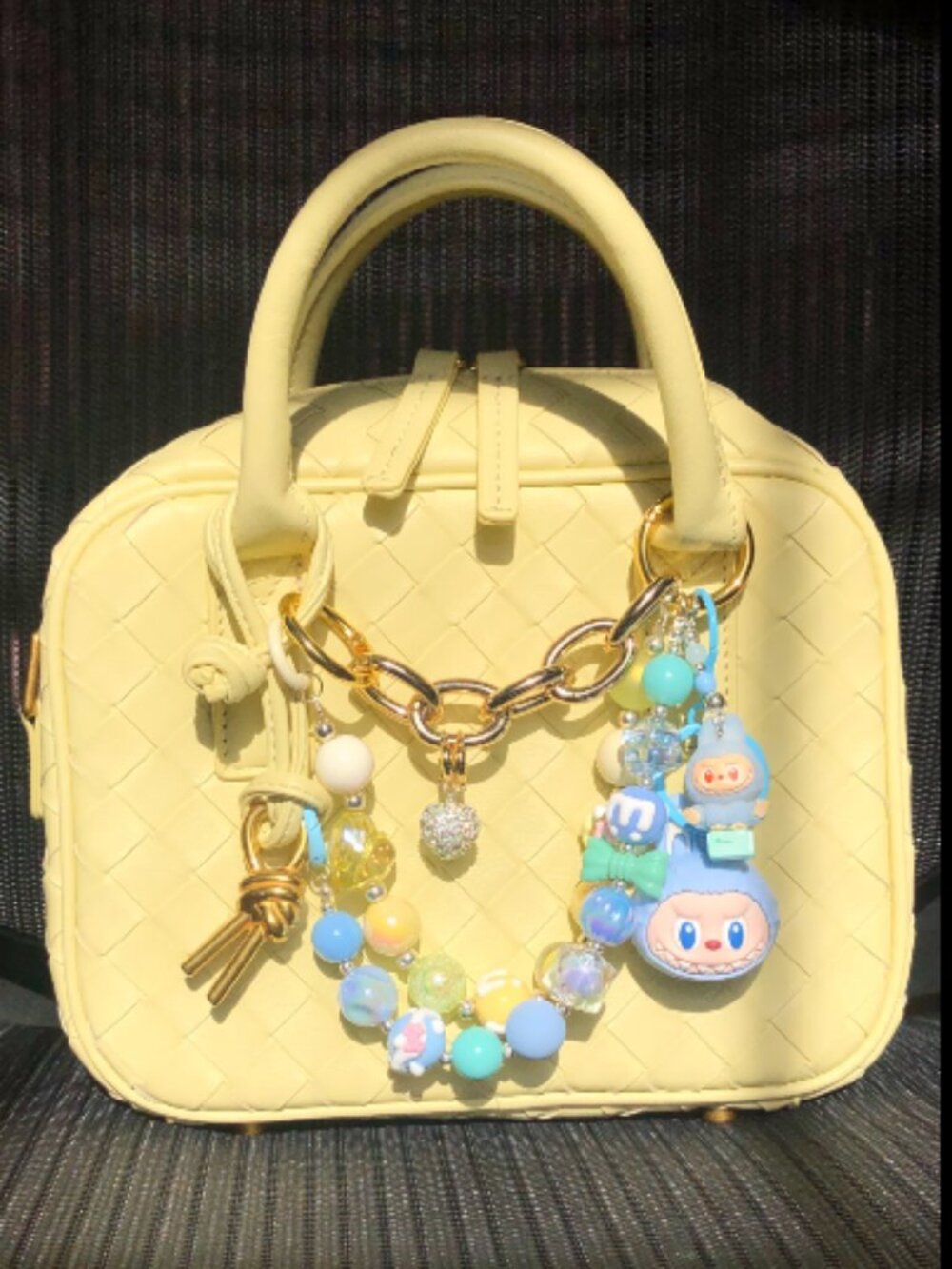 Woven Leather Pastel Butter Yellow Medium Bag Crossbody with Twilly/Scarf